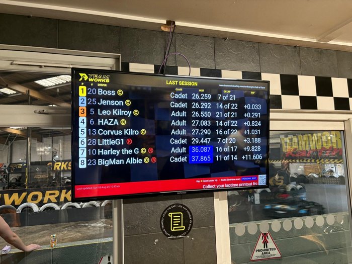 Teamworks karting session timing board showing Jenson with a best lap of 26.292 seconds